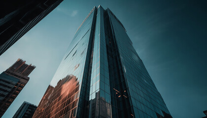 A futuristic skyscraper illuminates the city skyline at dusk generated by AI - obrazy, fototapety, plakaty