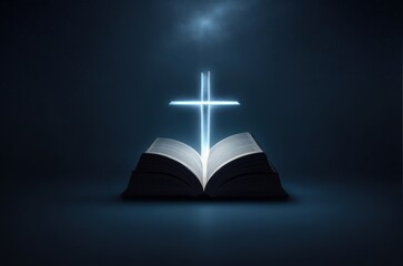 Illustration of an open Bible book in the dark and illuminated with a cross. - obrazy, fototapety, plakaty