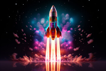 Abstract Rocket Launch. Digital Spaceship Flying Into Space, neon lights , 3d rendering