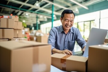 Online store seller during an online conversation with a buyer. A middle aged Asian man sits in a warehouse of packaged products and communicates with a customer. Preparing to send an online order. - obrazy, fototapety, plakaty