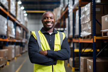 Happy worker black man factory manager working in warehouse while smiling and looking at camera