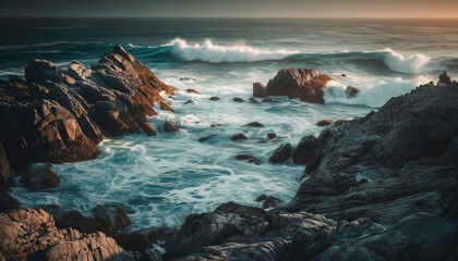 Fototapeta na wymiar The tranquil scene at dusk waves breaking on rocky coastline generated by AI