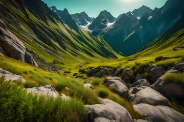 Full frame picturesque scenery of surface of colorful rocky mountains with green grass and plants in daylight - obrazy, fototapety, plakaty