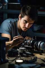 Fototapeta na wymiar A male technician repairing photo lens