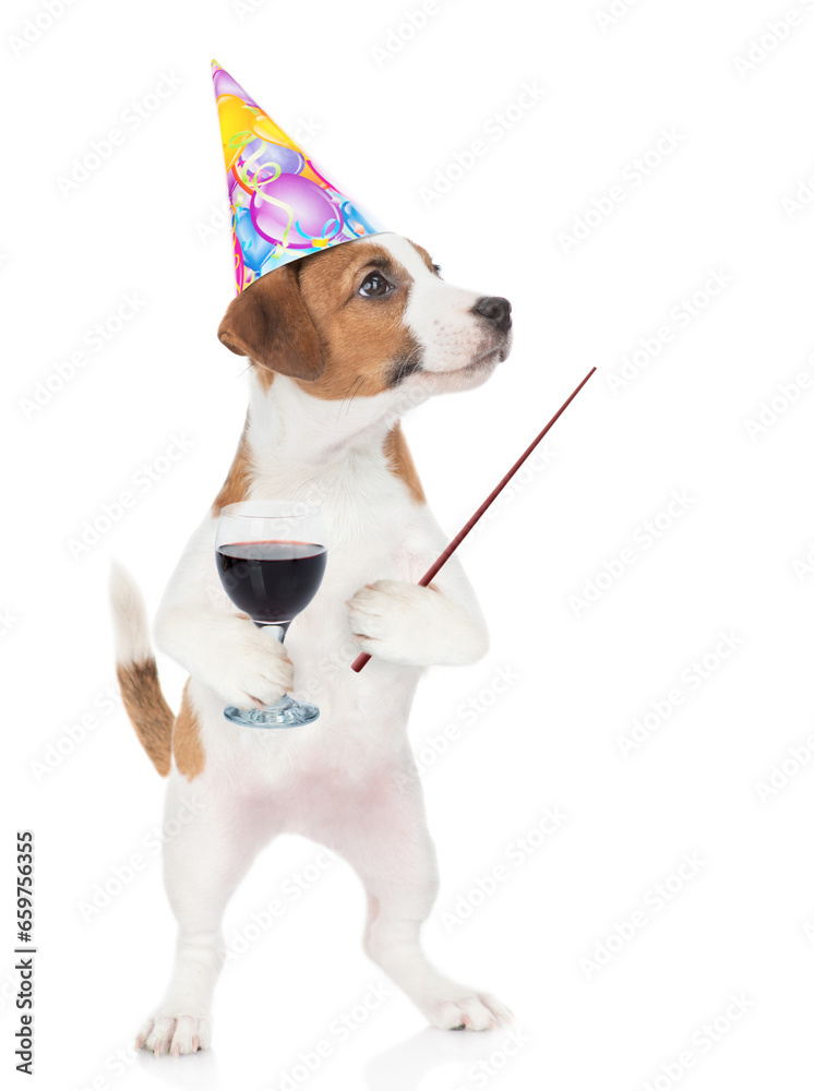 Poster funny jack russell terrier puppy wearing party cap holds glass of red wine and points away on empty 