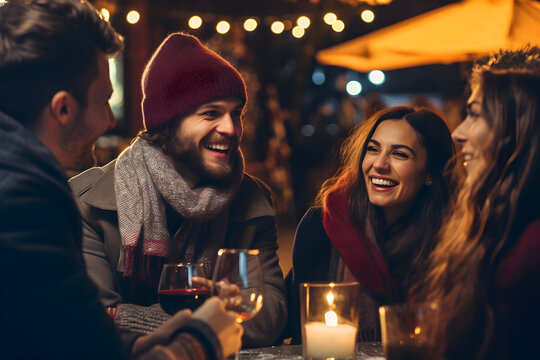 Happy Friends Drinking Red Wine Dining At Restaurant Terrace - Group Of Young People Wearing Winter Clothes Having Fun At Outdoors Winebar