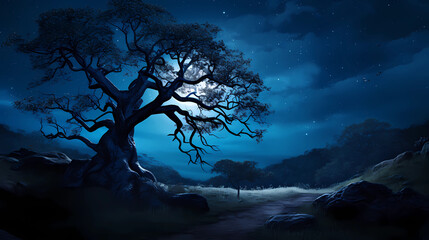 moonlight at night behind the big tree - obrazy, fototapety, plakaty