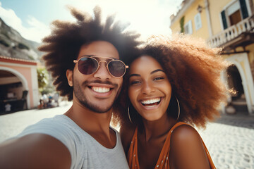 Happy black couple taking selfie outside on vacation - Beautiful boyfriend and girlfriend having fun on summer holiday - obrazy, fototapety, plakaty