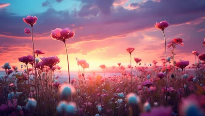 Foto auf Acrylglas Gras sunset pink wild flowers meadow of wild flowers in green fields
