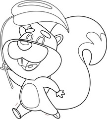 Outlined Happy Squirrel Cartoon Character Running Holds A Plant Leaf. Vector Hand Drawn Illustration Isolated On Transparent Background