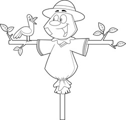 Outlined Cute Scarecrow Cartoon Character With Crow Bird. Vector Hand Drawn Illustration Isolated On Transparent Background
