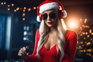 a dj beautiful girl dressed as santa claus and wearing headphones,