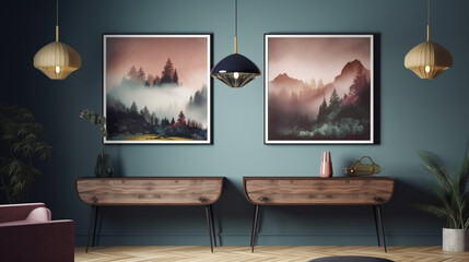 two wooden wall art posters hanging upside down in front of a table