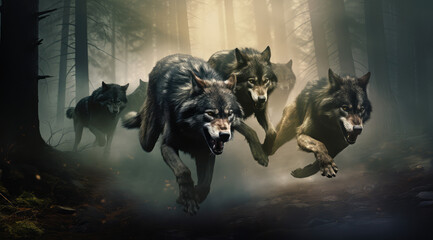 a pack of wolves run through the forest hunting for prey