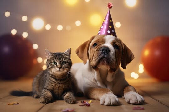 Happy cat and dog in party celebrating birthday by falling confetti ,Generative AI.