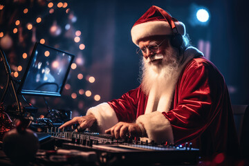 a dj dressed as santa claus and wearing headphones - obrazy, fototapety, plakaty