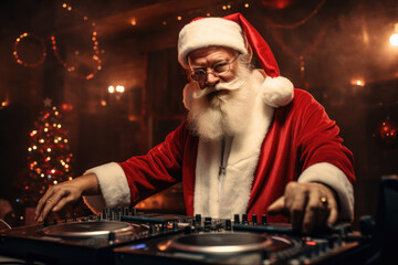 a dj dressed as santa claus and wearing headphones