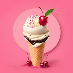 image of vanilla ice cream served in a stylish modern cone, surrounded by chocolate sauce, sprinkles, and a maraschino cherry | ice cream with cherry | ice cream with chocolate | strawberry ice cream - obrazy, fototapety, plakaty