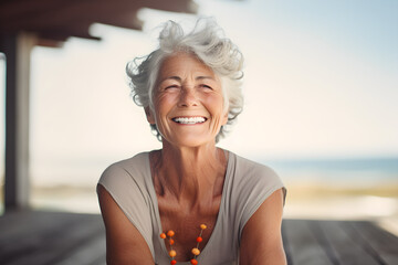 Happy senior retired woman practicing yoga on beach - obrazy, fototapety, plakaty