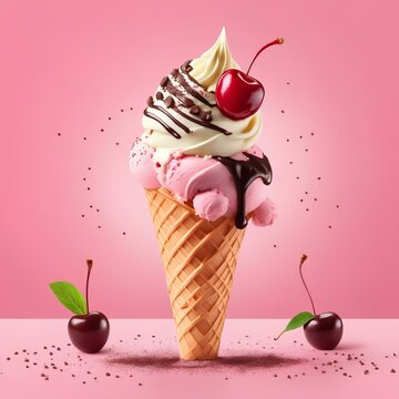 image of vanilla ice cream served in a stylish modern cone, surrounded by chocolate sauce, sprinkles, and a maraschino cherry | ice cream with cherry | ice cream with chocolate | strawberry ice cream