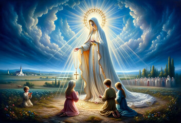 The Miracle of the Sun with the Fatima Children Praying the Holy Rosary with the Blessed Virgin Mary : Marian Apparition and Prophecy by Our Lady of Fatima in Portugal 1917. - obrazy, fototapety, plakaty