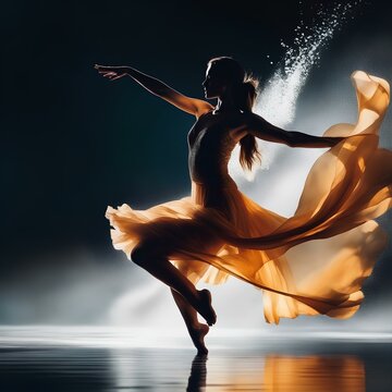double exposure image that combines the graceful form of a dancer with the fluid | woman dance near waterfall | woman dancing in the night