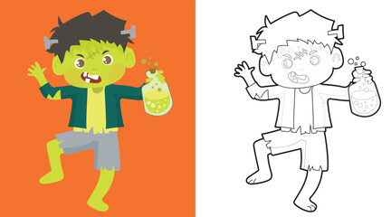 Coloring page a cute boy cartoon character with Frankenstein or green monster costum. Educational printable coloring worksheet. Coloring activity with Halloween theme. Vector outline coloring page kid