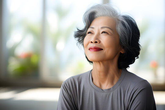 Happy senior retired asian woman practicing yoga at home