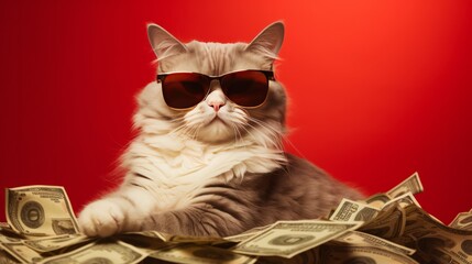 Cool rich successful hipster cat with sunglasses and cash money on red background.