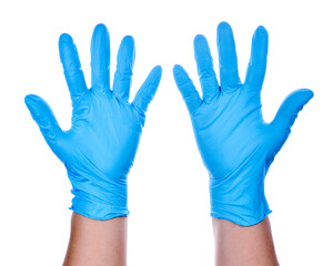 Hands of a medic wearing a blue latex gloves transparent png