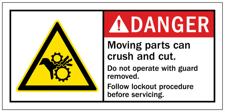 Cut and crush hazard warning sign and labels