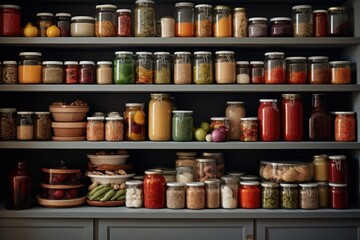 A shelf filled with various jars of food. This image can be used to showcase a well-stocked pantry or to represent homemade preserves and canning.