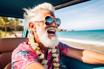 Happy senior retired man enjoying summer road trip vacation