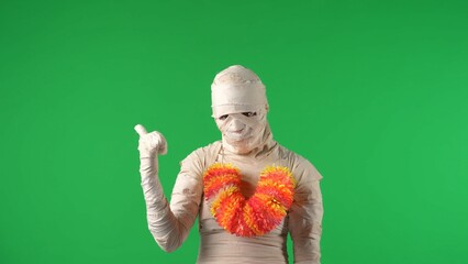 Green screen isolated chroma key photo capturing a mummy wearing a lei, Hawaiian garland or necklace of flowers, calling you to join up, pointing behind itself.