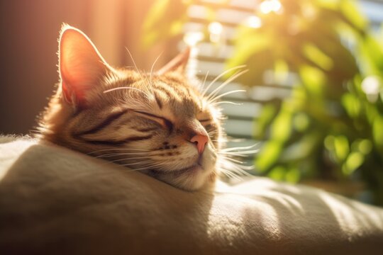 A peaceful image of a cat sleeping on top of a couch next to a plant. This picture can be used to showcase relaxation, home decor, or the bond between pets and nature.