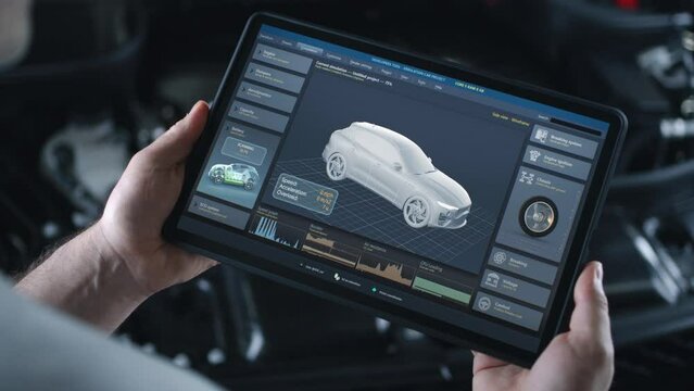 Male technician holds digital tablet computer. Simulation of real-time car diagnostics and aerodynamics testing displayed on screen. 3D animation of software with 3D virtual electric vehicle model.
