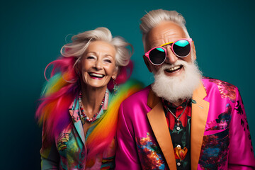 Happy senior retired couple in colourful neon clothes, isolated on bluebackground