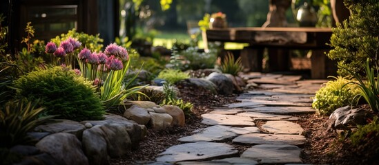 Obraz na płótnie Canvas Landscaping concept Close up of path with stone slabs bark mulch and native plants