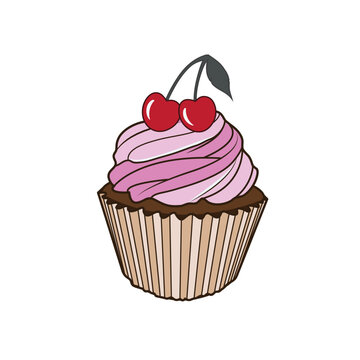 Sweet Cherry Icing Cherry Fruit Cupcake Illustration