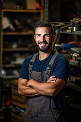 A handsome young maintenance worker with a beard stands and smiles looking at the camera