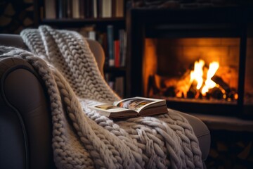 A book is placed on a comfortable couch next to a warm fireplace. Perfect for cozy home and winter-themed designs.