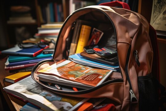 A backpack filled with books placed on a table. Ideal for educational or study-related concepts.