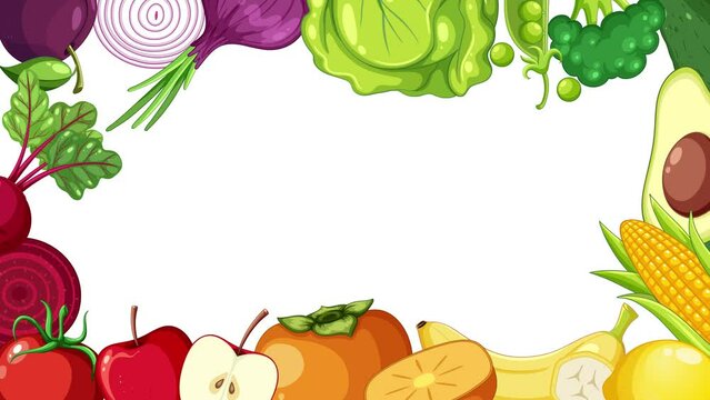 Colorful fruits and vegetables arranged on a yellow retro comic frame border.