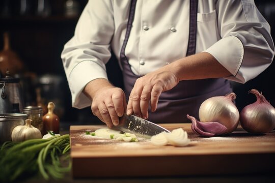 A chef is shown chopping onions on a cutting board. This image can be used to illustrate cooking, food preparation, or culinary skills.