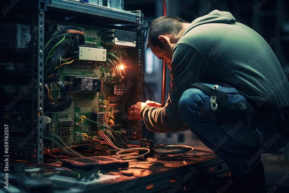 Poster a man is seen working on a computer in a dark room. this image can be used to depict concepts such a