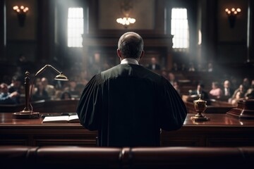 A man standing in a courtroom holding a microphone. This image can be used to depict a legal proceeding or a public speaking event. - obrazy, fototapety, plakaty