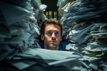 A man is hiding in a pile of papers. This image can be used to represent concepts such as stress, overwhelming workload, or the feeling of being buried in paperwork. - obrazy, fototapety, plakaty