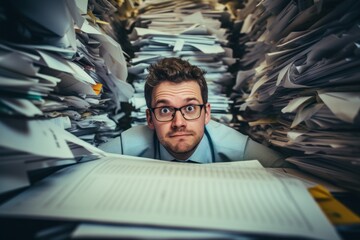 A man with glasses carefully examines a stack of papers. This image can be used to illustrate concepts such as research, analysis, paperwork, organization, or business tasks. - obrazy, fototapety, plakaty