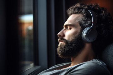 A picture of a man with a beard wearing headphones. This image can be used to represent music,...