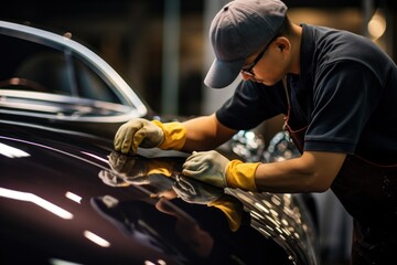 A man is shown polishing a car in a garage. This image can be used to showcase car maintenance and detailing or to represent a hobbyist working on their vehicle. - obrazy, fototapety, plakaty